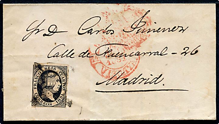 6 cts. Isabella II på brev annulleret med stumt stempel og sidestemplet Bilbao Vizcaya 1851 til Madrid. 