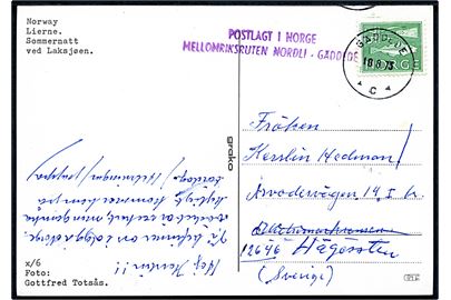 75 øre på brevkort (Sommernatt ved Laksjøen) annulleret med svensk stempel i Gäddede d. 18.8.1973 og sidestemplet Postlagt i Norge / Mellomriksruten Nordli - Gäddede til Sverige.