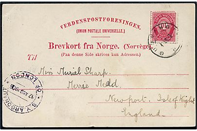 10 øre Posthorn på brevkort (Kvide i egnsdragt) annulleret Gudvangen d. 17.8.1906 og sidestemplet med privat skibsstempel S.Y. ARGONAUT OF LONDON d. 17.8.1906 til Newport Isle of Wight, England.