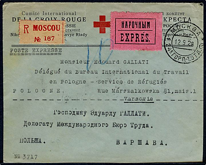 18 kop. og 20 kop. (par) på bagsiden af fortrykt kuvert fra det Internationale Røde Kors' delegation i USSR sendt som anbefalet ekspresbrev fra Moskva d. 12.9.1928 til Edouard Gallati, delegeret ved Bureau International du Travial (BIT) flygtningehjælp i Warszawa, Polen. 