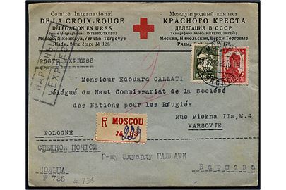 15 kop. og 70 kop. på fortrykt kuvert fra International Røde Kors delegation i USSR sendt som anbefalet ekspres fra Moskva d. 3.2.1932 til Edouar Gallati, Forkeforbundets flygtninge-delegat i Warszawa, Polen.