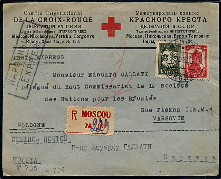 15 kop. og 70 kop. på fortrykt kuvert fra International Røde Kors delegation i USSR sendt som anbefalet ekspres fra Moskva d. 3.2.1932 til Edouar Gallati, Forkeforbundets flygtninge-delegat i Warszawa, Polen.