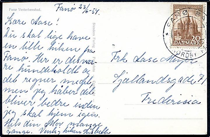 20 øre 1000 års udg. på brevkort (Fanø Vesterhavsbad) annulleret med turist pr.-stempel Fanø Bad * pr. Nordby Fanø * d. 23.6.1954 (svag dato) til Fredericia.