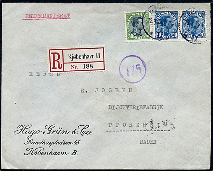 20 øre (par) og 30 øre Chr. X på anbefalet brev fra Kjøbenhavn d. 13.4.1921 til Pforzheim, Tyskland.