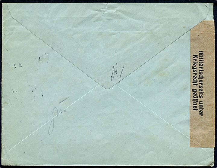 20 øre Chr. X på brev fra Kjøbenhavn d. 23.10.1918 til Berlin, Tyskland. Åbnet af tysk censur i Berlin med afklippet banderole fra Berlin O17. 