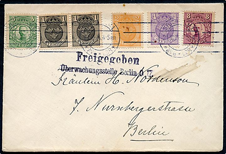 21 öre blandingsfrankeret brev fra Stockholm d. 21.10.1914 til Berlin, Tyskland. Frigivet af tysk censur i Berlin.