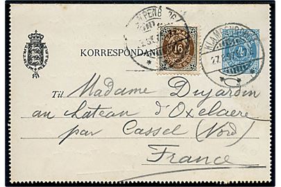 4 øre helsags korrespondancekort opfrankeret med 16 øre Tofarvet fra Klampenborg d. 27.8.1897 til Cassel, Frankrig.