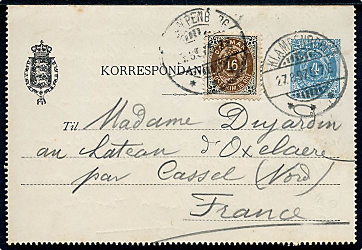 4 øre helsags korrespondancekort opfrankeret med 16 øre Tofarvet fra Klampenborg d. 27.8.1897 til Cassel, Frankrig.