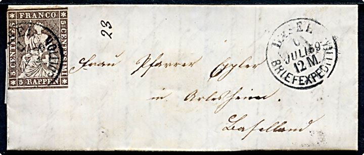 5 Rp. Helvetia på lille brev fra Basel d. 6.7.1859. Fuldt indhold.