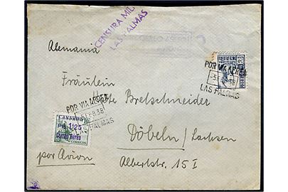 50 cts. Isabel og 1,25 Pts/10 cts. Canarias luftpost udg. på luftpostbrev fra Las Palmas d. 5.2.1938 til Döbeln, Tyskland. Lokal spansk censur fra Las Palmas.