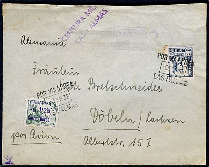 50 cts. Isabel og 1,25 Pts/10 cts. Canarias luftpost udg. på luftpostbrev fra Las Palmas d. 5.2.1938 til Döbeln, Tyskland. Lokal spansk censur fra Las Palmas.
