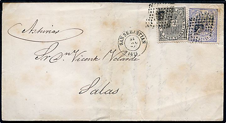 10 cts. Våben og 5 cts. Krigstillægs mærke på brev annulleret med stumt stempel og sidestemplet 24.8.1874 til Salas.