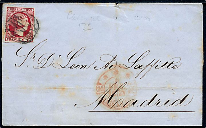 6 cts. Isabel single på brev annulleret med stumt stempel fra Alicante d. 8.2.1853 til Madrid.