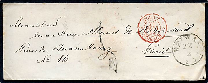 1857. Portobrev fra Weimar d. 22.2.1857 via Frankfurt og fransk grænsestempel Tour T. Forcach d. 25.2.1857 til Paris, Frankrig.