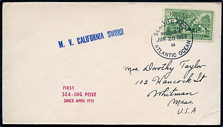 3 c. på filatelistisk flaskepost-brev fra M.V. California Sword annulleret Sea-Jug Post Overboard in Atlantic Ocean d. 20.6.1954 til Whitman, USA.