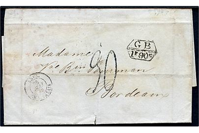 1873. Portobrev fra Arequipa, Peru d. 23.4.1873 portostempel GB/1F90c via London d. 28.5.1873 og Angl. Amb. Calais til Bordeaux, Frankrig.