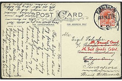 20 øre Chr. X single på brevkort fra Kjøbenhavn d. 9.11.1926 til Singapore, Straits Settlements.