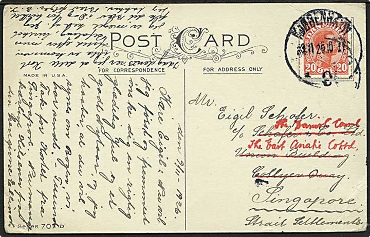 20 øre Chr. X single på brevkort fra Kjøbenhavn d. 9.11.1926 til Singapore, Straits Settlements.