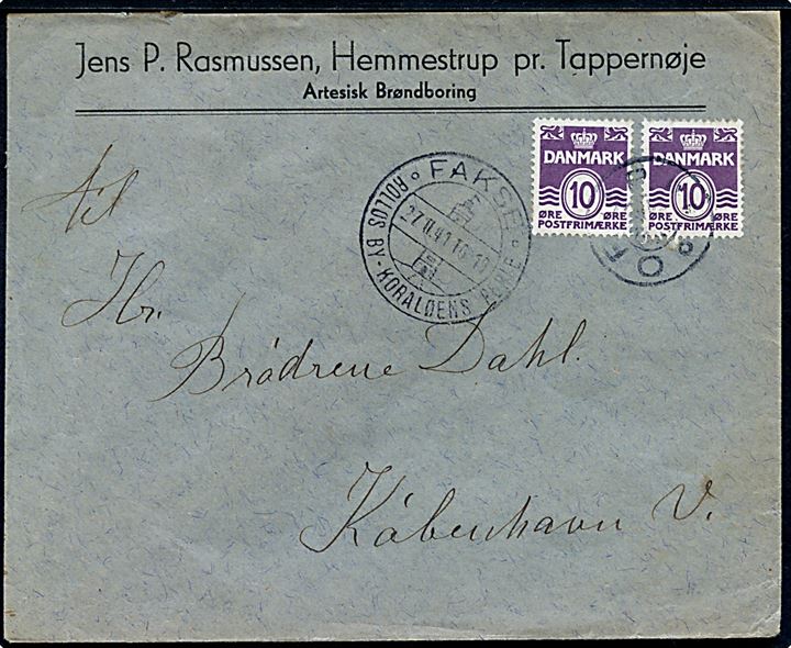 10 øre Bølgelinie (2) på brev fra Hemmestrup pr. Tappenøje annulleret med udslebet stjernestempel ORUP og sidestemplet Fakse d. 27.11.1941 til København.
