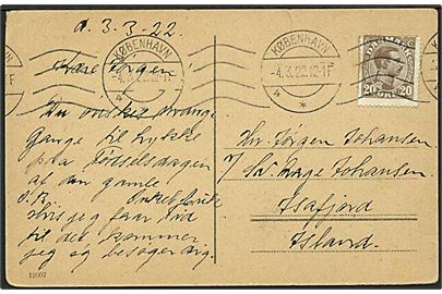 20 øre Chr. X på brevkort fra København d. 4.3.1922 til Isafjord, Island.