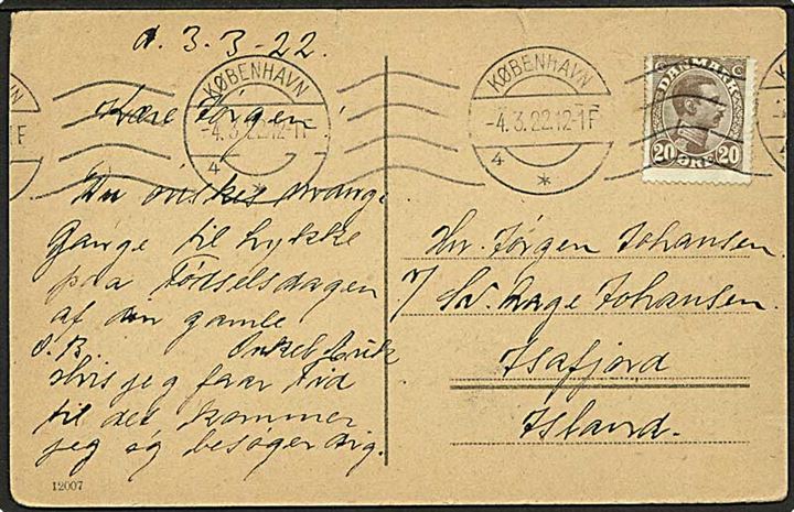 20 øre Chr. X på brevkort fra København d. 4.3.1922 til Isafjord, Island.