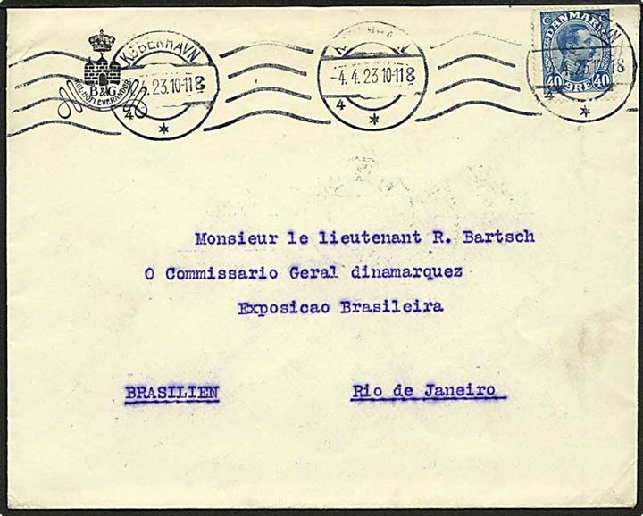 40 øre Chr. X single på brev fra København d. 4.4.1923 til Rio de Janeiro, Brasilien.