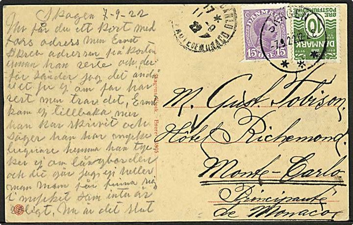 15 øre Chr. X og 10 øre Bølgelinie på brevkort fra Skagen d. 7.9.1922 til Monte Carlo, Monaco. Interessant destination.