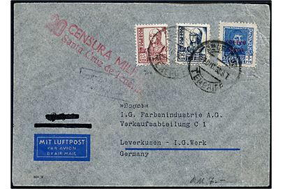 25 cts., 50 cts. Isabel og 1 pta Luftpost provisorium på luftpostbrev fra Santa Cruz de Tenerife d. 21.12.1938 til Leverkusen, Tyskland. Lokal spansk censur fra Santa Cruz.