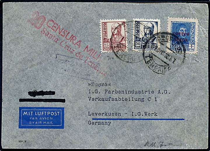 25 cts., 50 cts. Isabel og 1 pta Luftpost provisorium på luftpostbrev fra Santa Cruz de Tenerife d. 21.12.1938 til Leverkusen, Tyskland. Lokal spansk censur fra Santa Cruz.