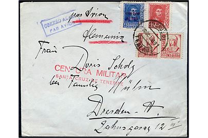 30 cts. (3) og 1 pta. Luftpost på luftpostbrev fra Santa Cruz de Tenerife d. 30.10.1938 via Sevilla til Dresden, Tyskland. Lokal spansk censur fra Santa Cruz. 