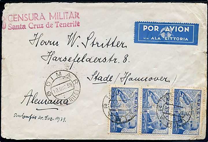 1 pta. Luftpost i 3-stribe på luftpostbrev fra Güimar (Tenerife) d. 10.12.1939 via Sevilla til Stade, Tyskland. Lokal spansk censur fra Santa Cruz og tysk censur.