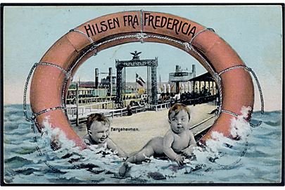 Fredericia, Hilsen fra med redningskrans og Færgehavnen. Stenders no. 36071.