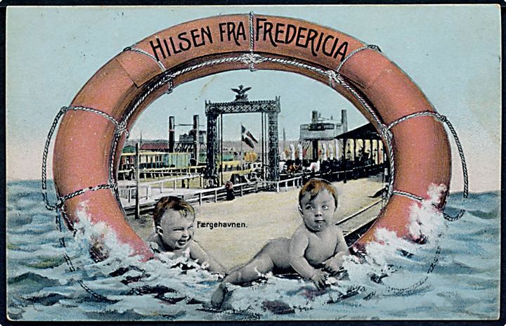 Fredericia, Hilsen fra med redningskrans og Færgehavnen. Stenders no. 36071.