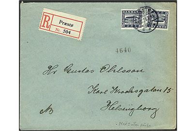 20 øre Genforening med og uden perle på anbefalet brev fra Præstø d. 18.10.1920 til Helsingborg, Sverige.