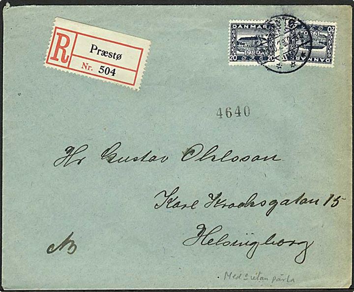 20 øre Genforening med og uden perle på anbefalet brev fra Præstø d. 18.10.1920 til Helsingborg, Sverige.