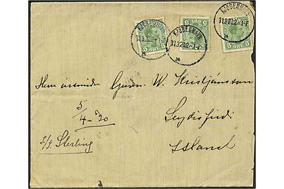 5 øre Chr. X (3) på brev fra Kjøbenhavn d. 31.3.1920 til Seydisfjördur, Island. Påskrevet: S/S Sterling.