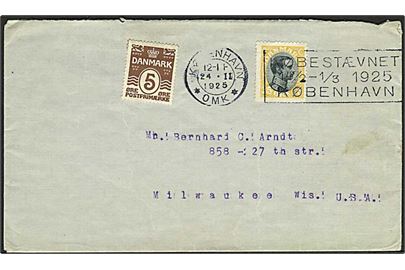 35 øre Chr. X og 5 øre Bølgelinie på brev annulleret med TMS Købestævnet 14/2-1/3 1925 København/København *OMK* d. 24.2.1925 til Milwaukee, USA.