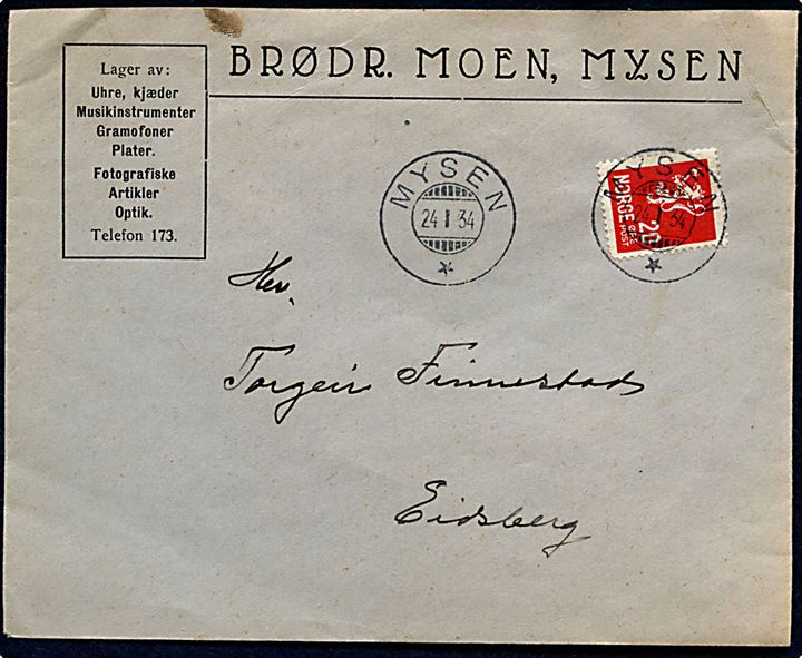 20 øre Løve på brev fra Mysen d. 24.1.1934 til Eidsberg. 
