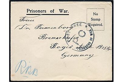 Ufrankeret fortrykt krigsfangekuvert fra tysk krigsfange Hermann Schmidt i britisk fangelejr i Peel på Isle of Man til Bremerhaven, Tyskland. 
