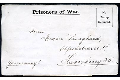Ufrankeret fortrykt krigsfange-foldebrev dateret d. 1.5.1918 fra tysk fange i interneringslejr Knockaloe på Isle of Man til Hamburg, Tyskland. Åbnet af britisk censur P.W. 67.