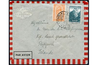 300 dr. og 1700 dr. på luftpostbrev fra den kgl. danske legation i Athen d. 15.11.1952 til det danske gesandtskab i Reykjavik, Island. Lodret fold.