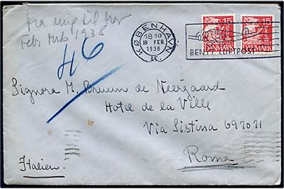 15 øre Karavel (2) på brev annulleret med TMS med DDL Ju52 København K. / Benyt Luftpost d. 18.2.1938 til Rom, Italien.