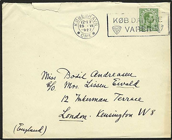 25 øre Chr. X single på brev fra København d. 25.6.1927 til London, England.
