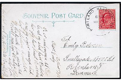 1d Edward VII på brevkort annulleret med stort skeleton stempel Portland Harbour SO d. 13.3.1908 til København, Danmark. 