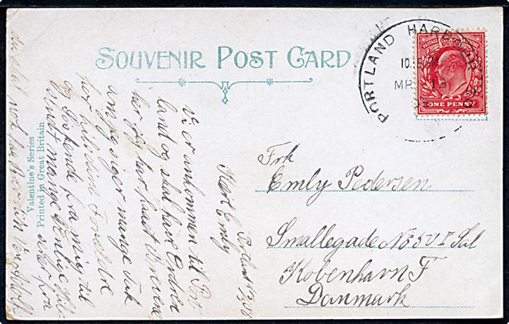 1d Edward VII på brevkort annulleret med stort skeleton stempel Portland Harbour SO d. 13.3.1908 til København, Danmark. 
