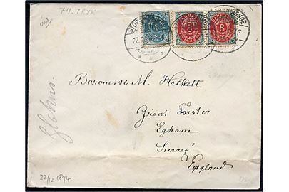 4 øre omv. rm. og 8 øre omv. rm. (par) Tofarvet på brev fra Storehedinge d. 22.12.1894 til Egham, Surrey, England. 