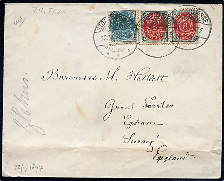 4 øre omv. rm. og 8 øre omv. rm. (par) Tofarvet på brev fra Storehedinge d. 22.12.1894 til Egham, Surrey, England. 