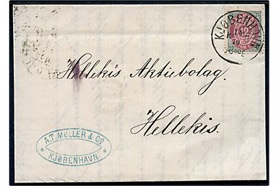 12 øre Tofarvet single på brev annulleret med lapidar Kjøbenhavn K B d. 14.10.1882 til Hellekis, Sverige. 