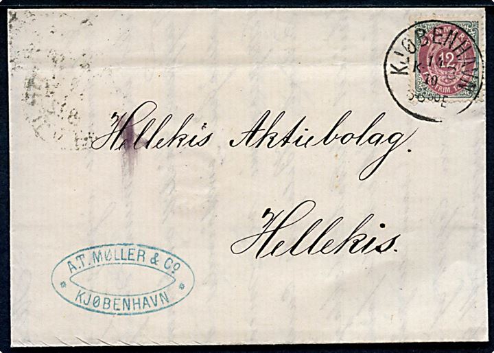 12 øre Tofarvet single på brev annulleret med lapidar Kjøbenhavn K B d. 14.10.1882 til Hellekis, Sverige. 