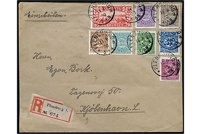 Blandingsfrankeret filatelistisk brev med bl.a. 10 mk. Fælles udg. sendt anbefalet fra Flensburg d. 14.6.1920 til København, Danmark.